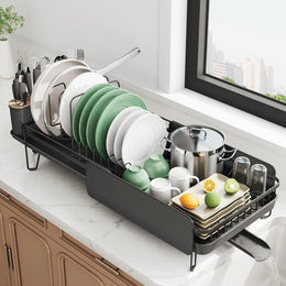 Large Expandable Dish Drying Rack, Kitchen Counter, 19.3-29.4 in, Black, Family Size, Adjustable Dividers, Pan, Lid & Cutting Bo