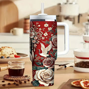 40oz Tumbler with Handle, Sugar Skull Half Face Woman Rose Floral Print Cup, Suitable for Hot And Cold Drinks, Ideal for Women Daily Use Outdoor Travel And Camping In All Seasons