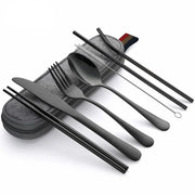 8Pcs/set Tableware Reusable Travel Cutlery Set Camp Utensils Set with Stainless Steel Spoon Fork Chopsticks Straw Portable Case