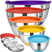 Mixing Bowls with Airtight Lids Set, 8PCS Stainless Steel Nesting Bowls Set, 3 Grater Attachments and Non-Slip Bottoms, Size 5,