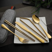 8Pcs/set Tableware Reusable Travel Cutlery Set Camp Utensils Set with Stainless Steel Spoon Fork Chopsticks Straw Portable Case